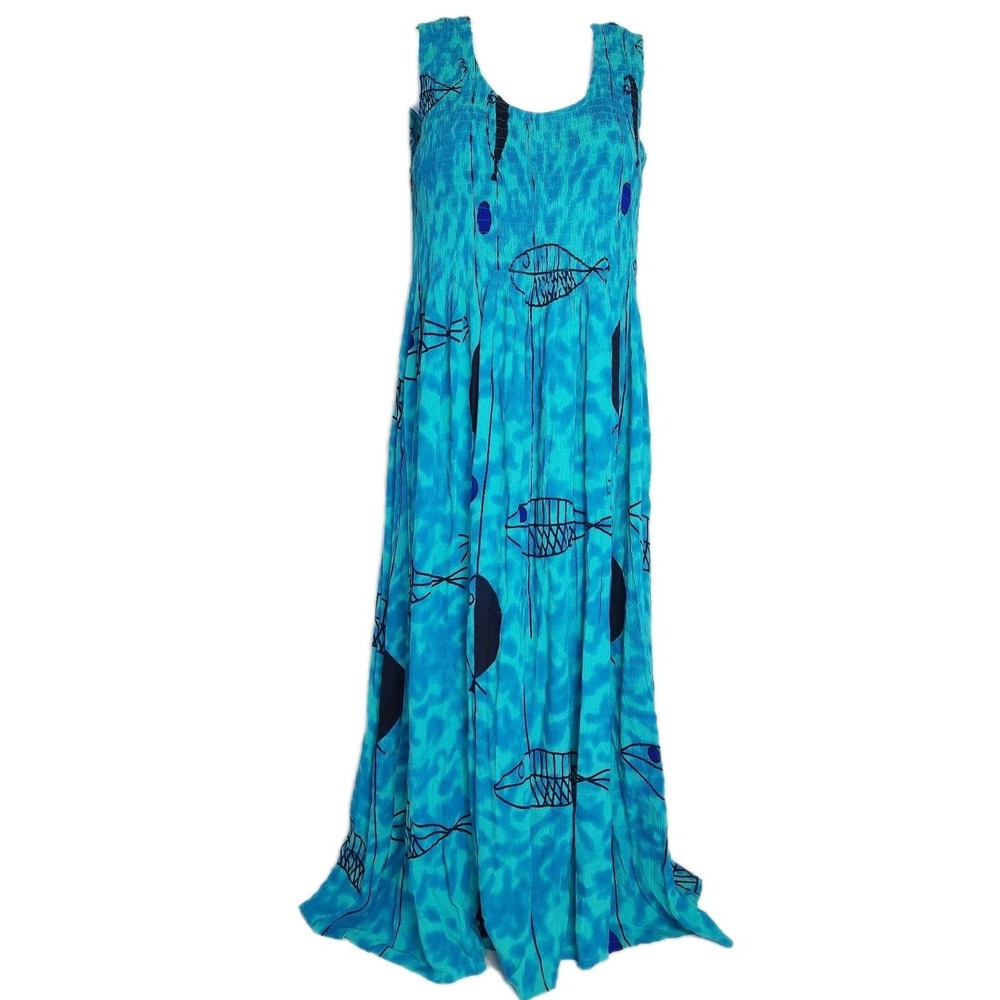 Kaktus Dress Womens Medium Blue Fish Print Sleeveless Summer Maxi Beach Resort